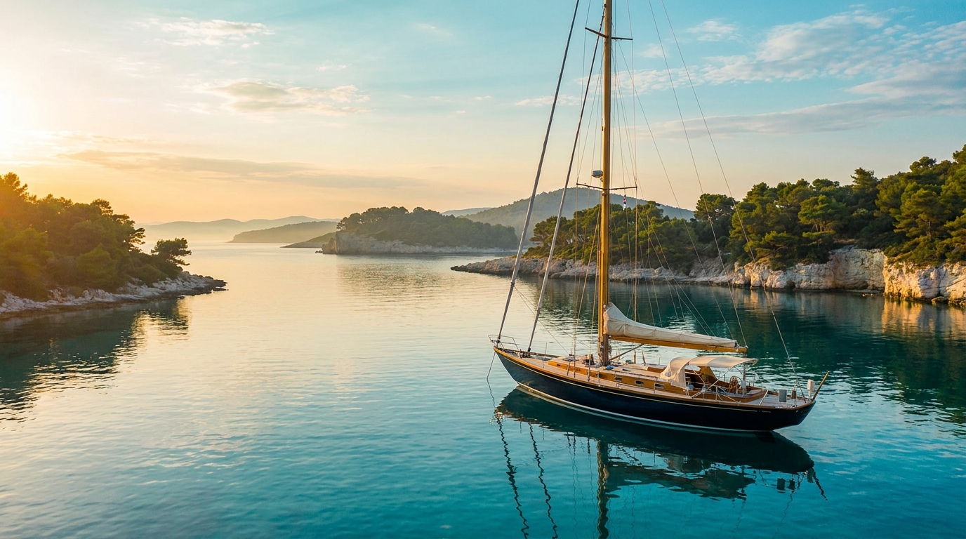 Yacht under sail at sunset