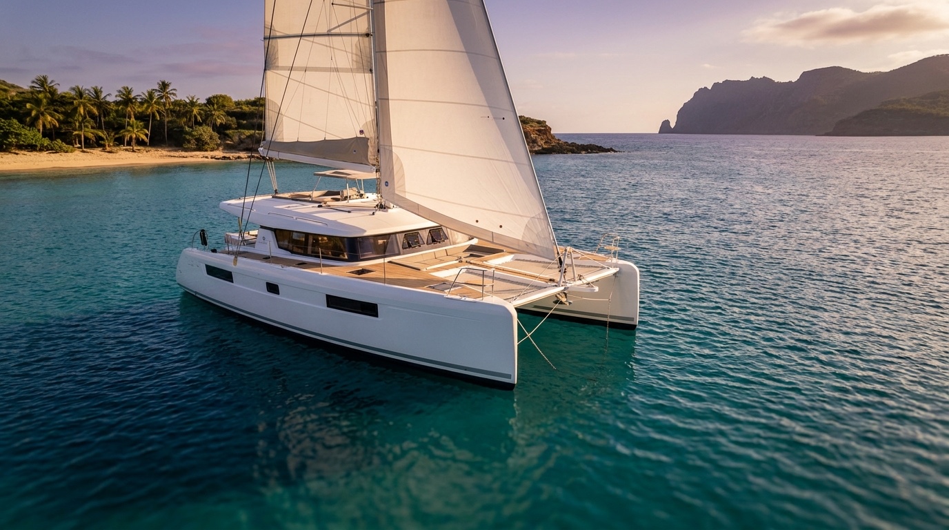 Happy guests aboard a 50ft sailing catamaran on turquoise water